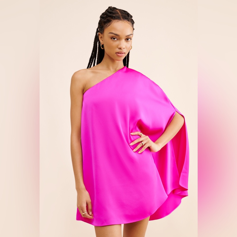 Adelyn Rae One-Shoulder Cape Hot Pink Satin Mini Dress | XS